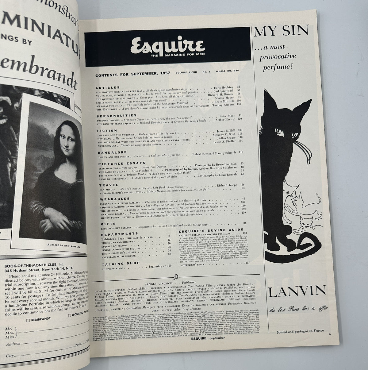 Inside page of Esquire Magazine September 1957 showcasing the table of contents. This page highlights various articles, including insights on photography and culture, alongside artistic illustrations.