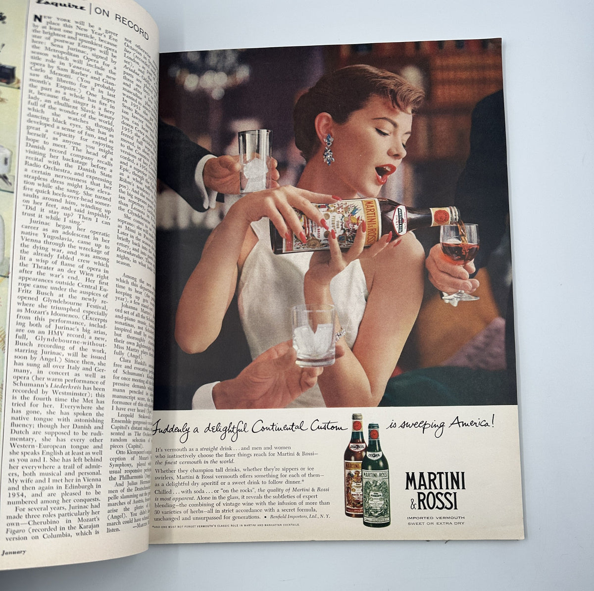 Page from January 1958 Esquire Magazine featuring a vintage advertisement for Martini & Rossi, showcasing a glamorous woman and emphasizing the magazine's focus on lifestyle and culture.