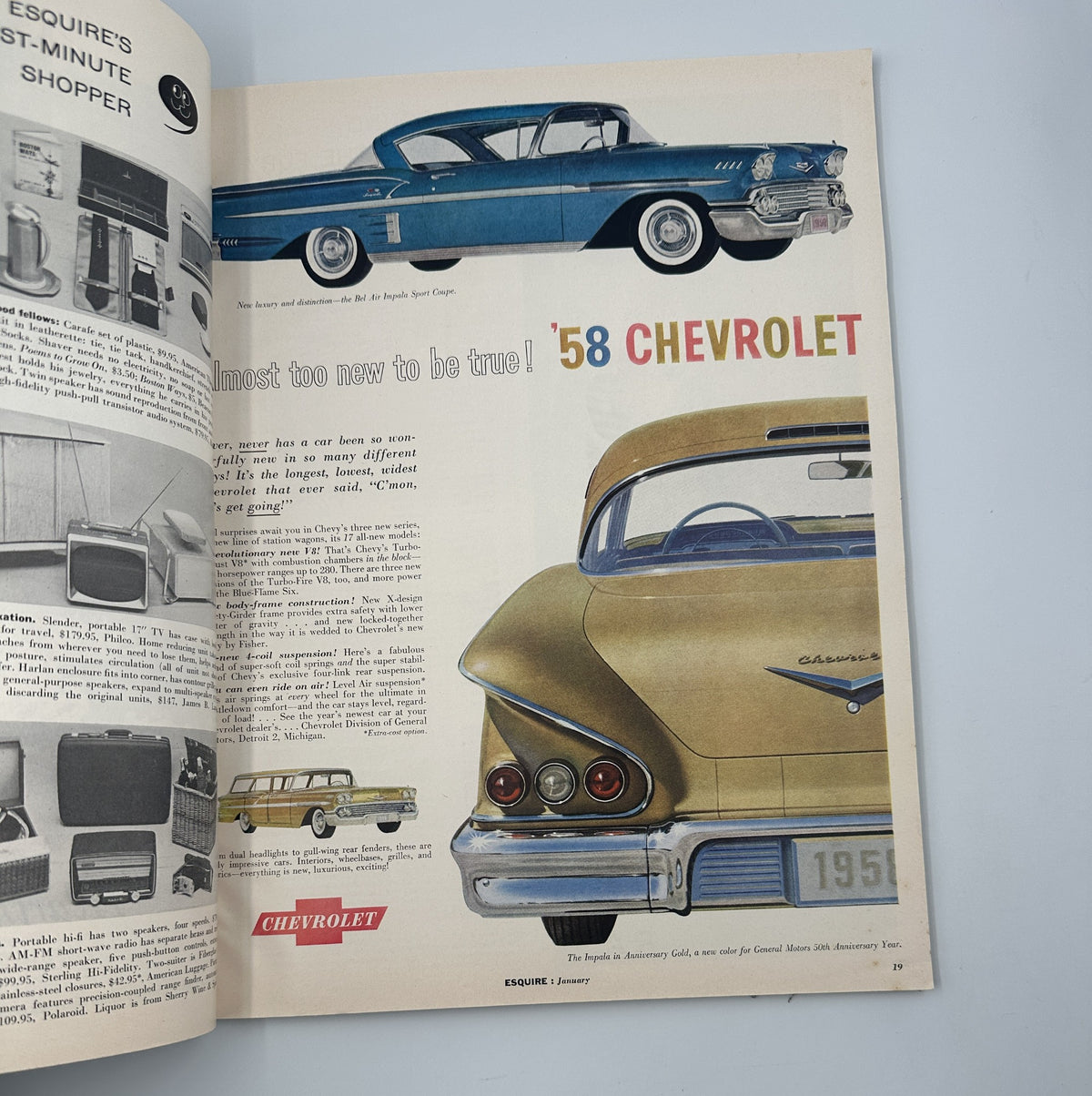 Esquire Magazine January 1958 featuring a classic blue and gold 1958 Chevrolet advertisement showcasing stylish vintage cars with the tagline 'Almost too new to be true!'.
