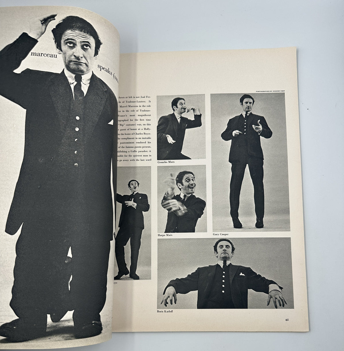 Marcel Marceau featured in Esquire Magazine February 1958, showcasing his iconic gestural performance style.