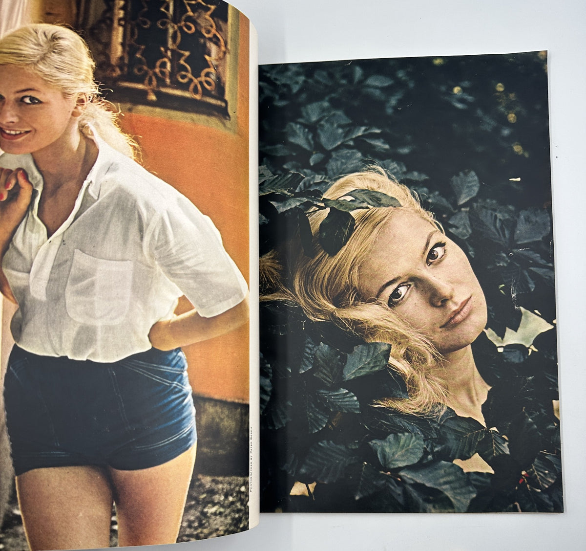 Fashion model posing amid greenery in Esquire Magazine February 1958, capturing the essence of 1950s style.