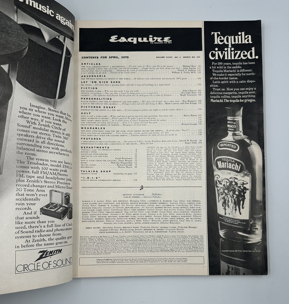 Inside page of Esquire Magazine April 1970 featuring the table of contents. Highlights various articles and features in the issue.