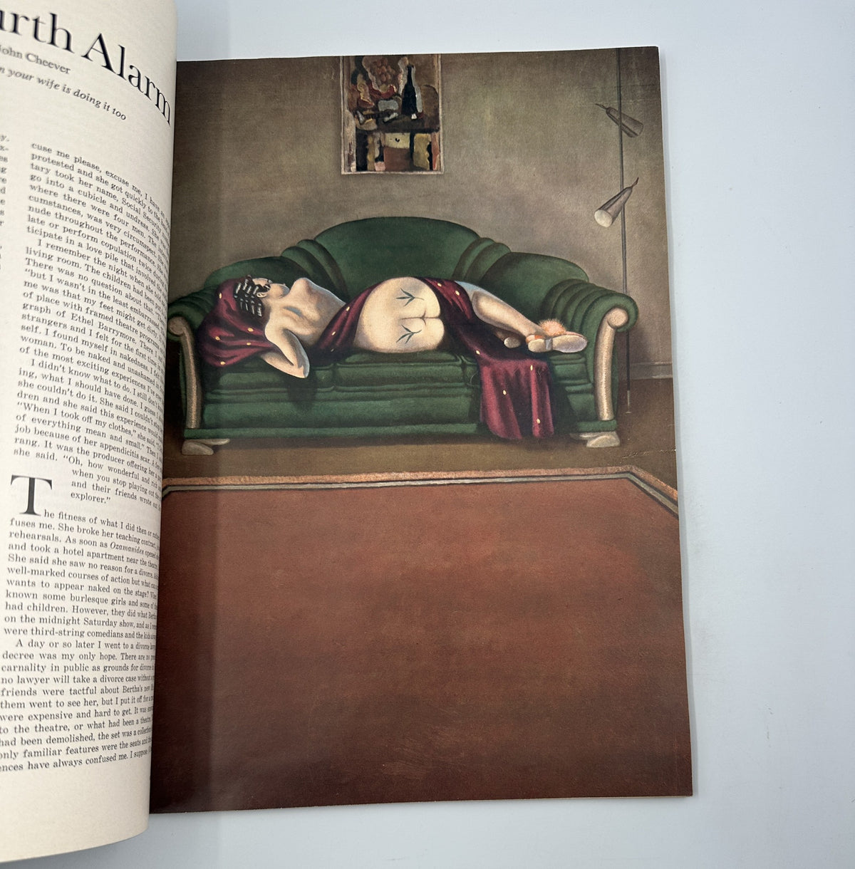 Illustrated page from Esquire Magazine April 1970 featuring the fictional story 'The Fourth Alarm' by John Cheever. The image shows a dramatic scene on a couch.