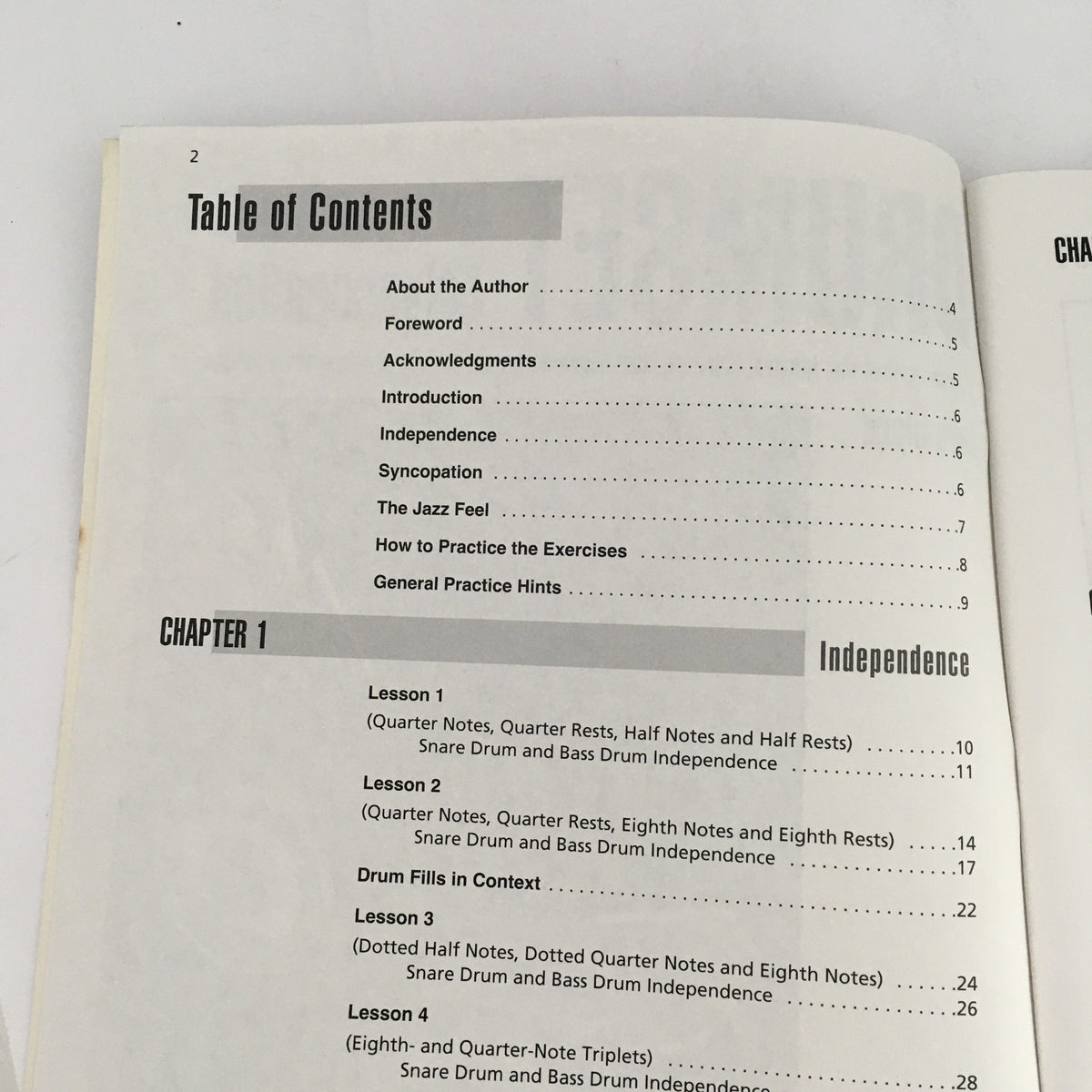 Table of Contents page from Drumset Independence & Syncopation Rhythms by Dave Black & The Jazz Feels, outlining sections on drumming techniques and exercises.