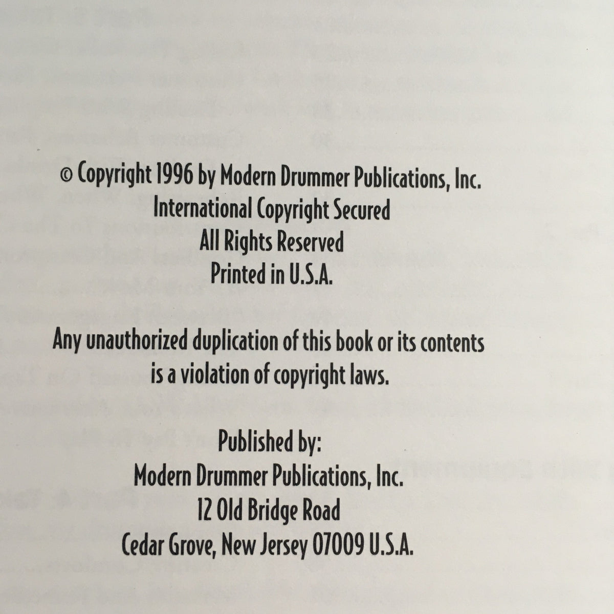 Copyright page of The Working Drummer 1996, detailing copyright information and publication details from Modern Drummer Publications.