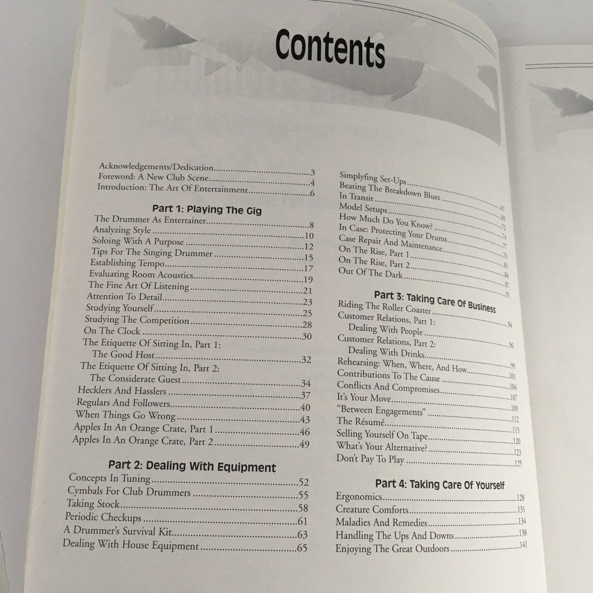 Table of contents from The Working Drummer 1996, outlining sections on playing gigs, dealing with equipment, and self-care for professional drummers.