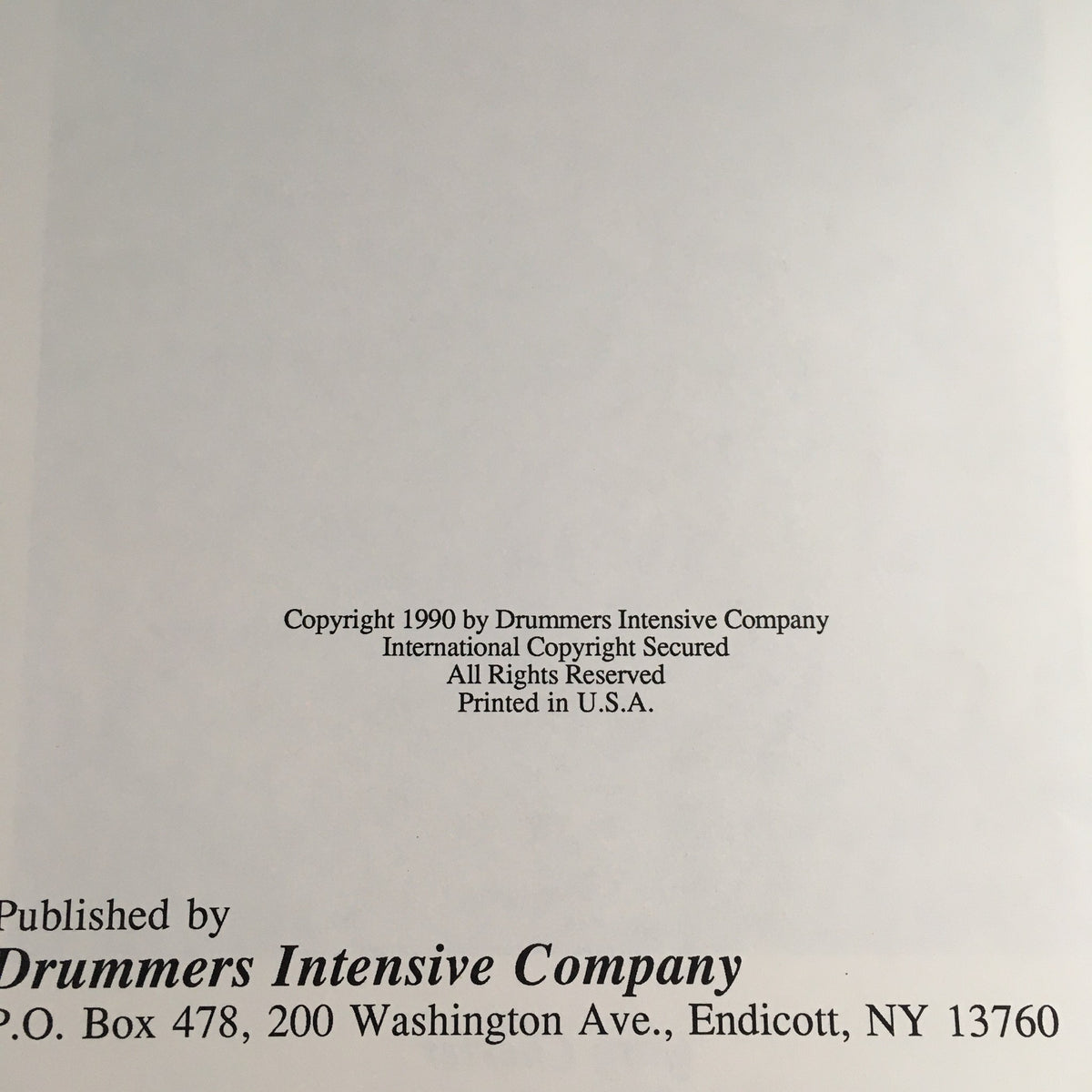 Copyright page of The New Breed II by Gary Chester and Chris Adams, published in 1990 by Drummers Intensive Company, featuring copyright information.