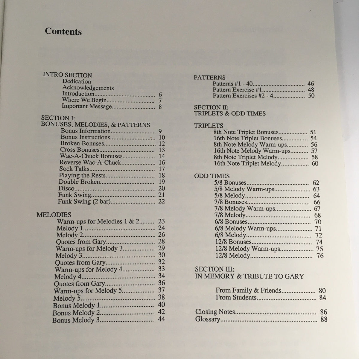 Table of contents from The New Breed II by Gary Chester and Chris Adams, outlining sections on bonuses, melodies, patterns, triplets, and odd times.
