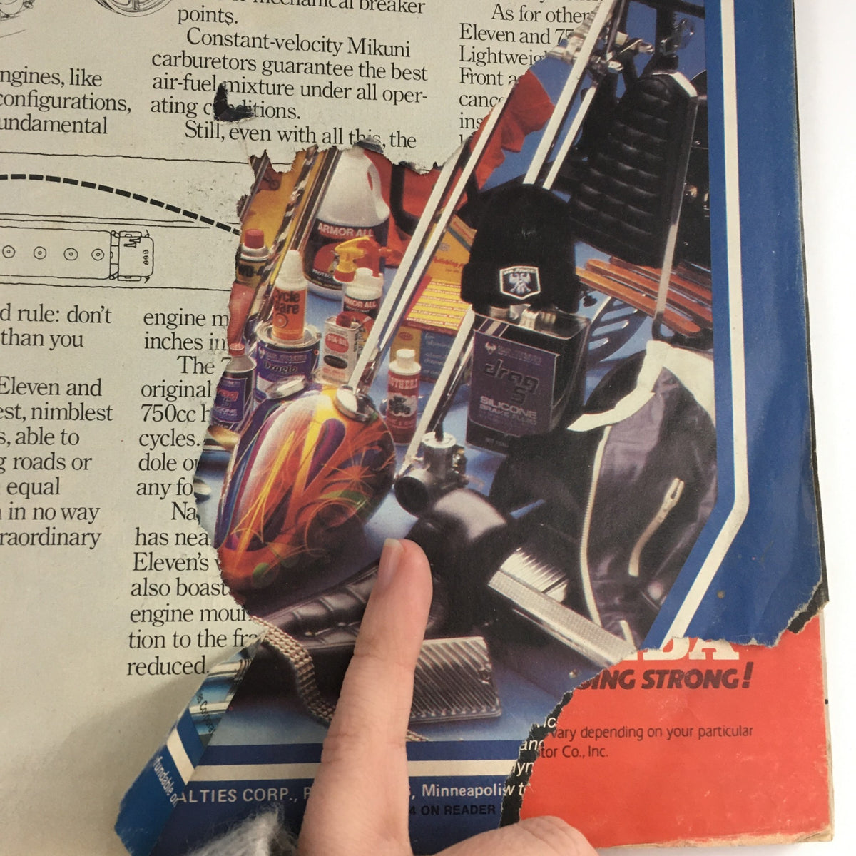 Inside of Cycle Magazine April 1979 showcasing motorcycle care products and tools, emphasizing the focus on motorcycle maintenance.