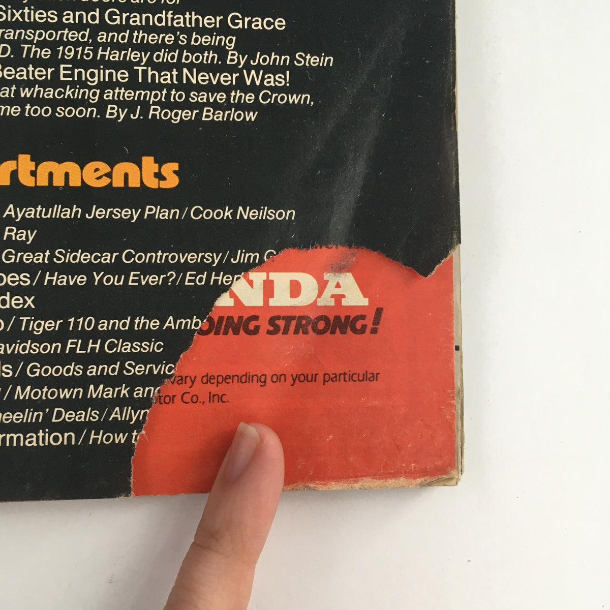 Back cover of Cycle Magazine April 1979 highlighting Honda motorcycle models with descriptions of various articles in the issue.