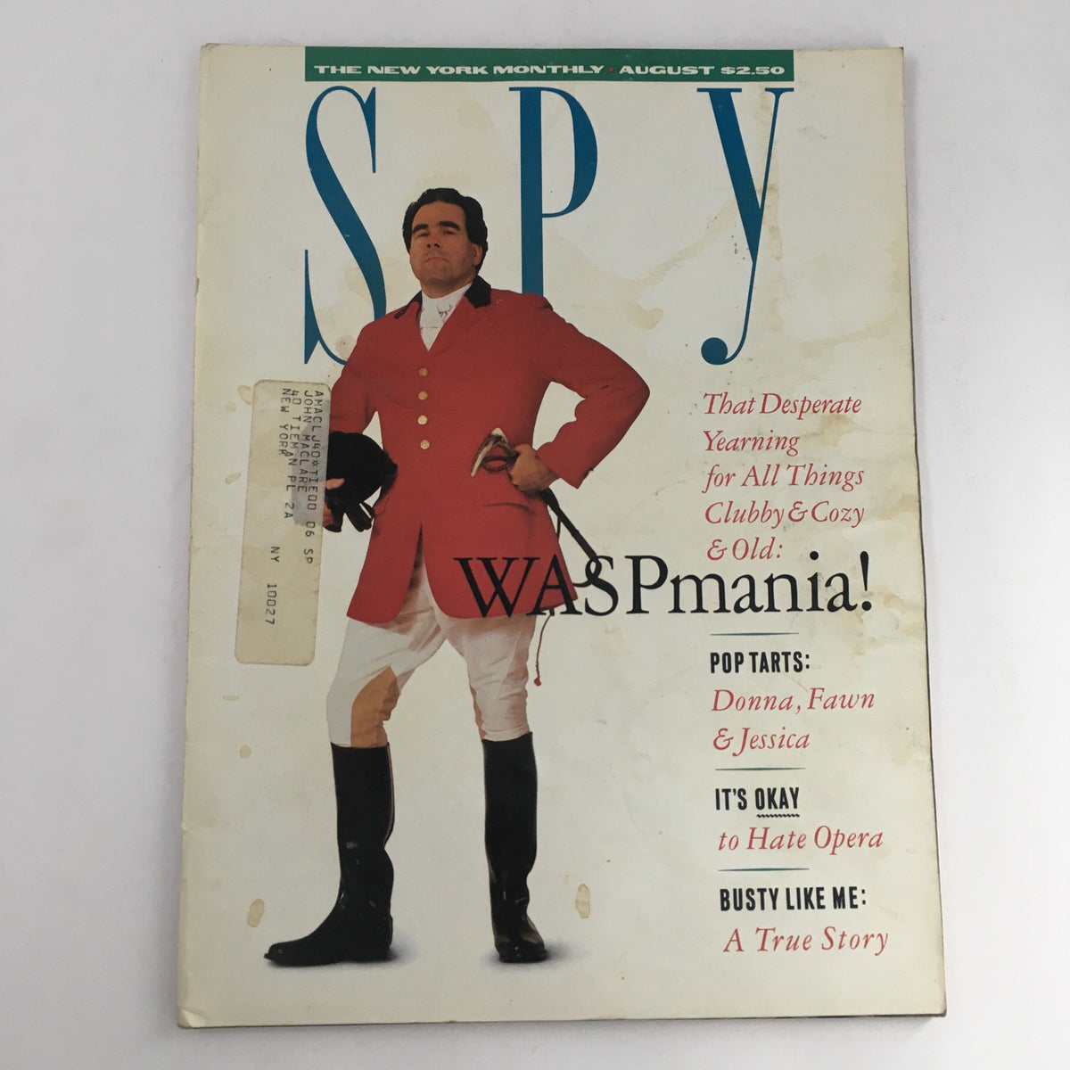 Cover of Spy Magazine August 1987 featuring a man in a red blazer and white pants, posing with a glove, titled 'WASPmania!' alongside articles on Donna, Fawn, and Jessica.