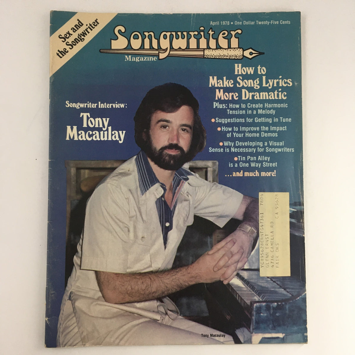 Songwriter Magazine April 1978 cover featuring an interview with Tony Macaulay, discussing songwriting techniques and harmonic tension. Vintage design showcasing the magazine's title and various topics related to music.