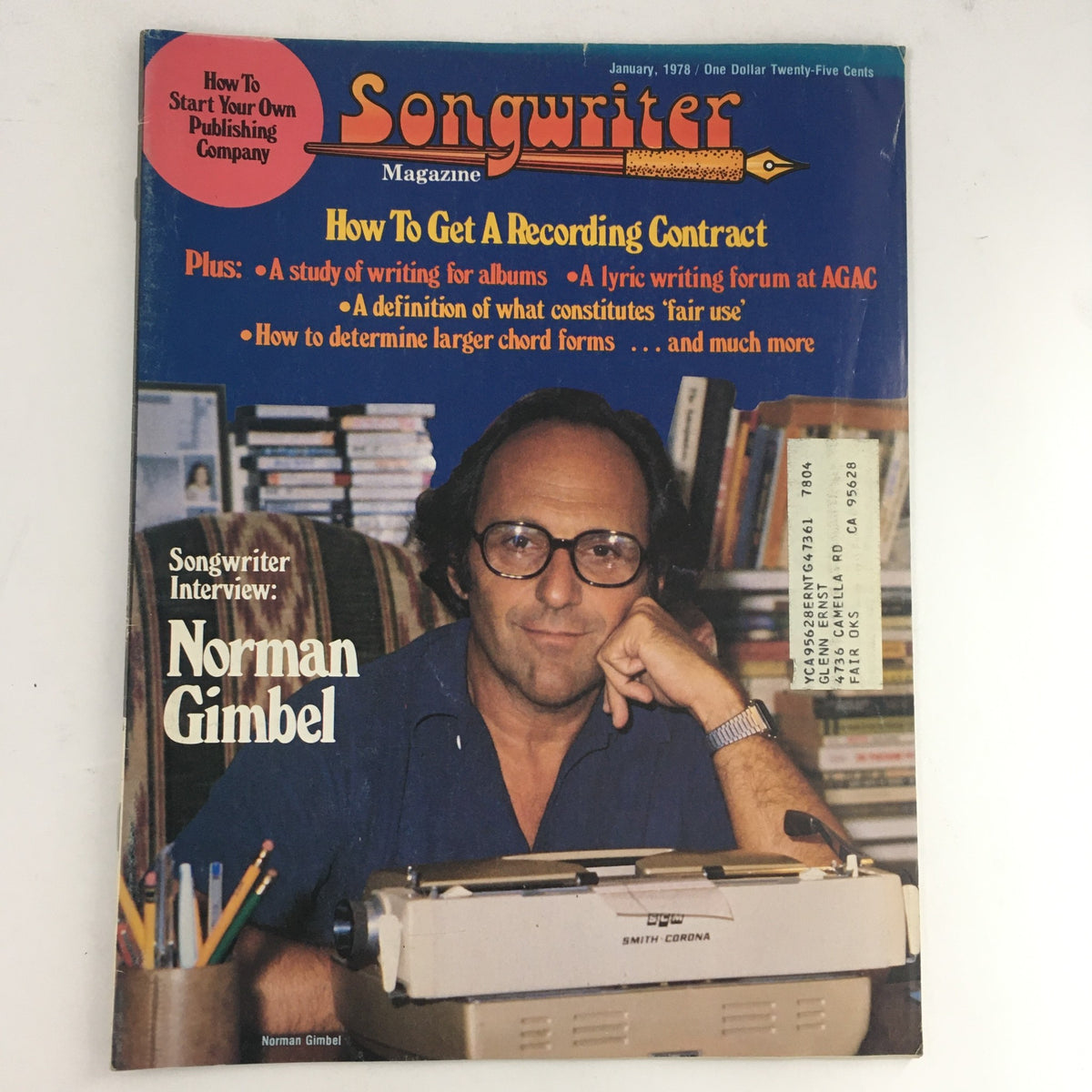 Songwriter Magazine January 1978 featuring an interview with Norman Gimbel and topics on recording contracts, lyric writing, and songwriting techniques.
