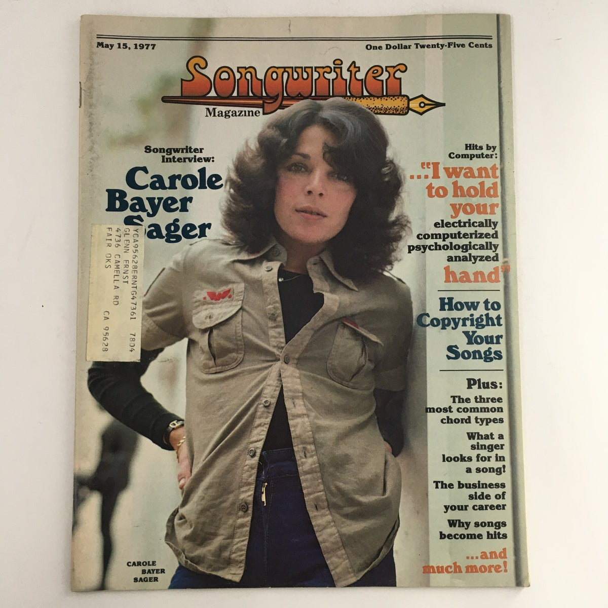 Cover image of Songwriter Magazine dated May 15, 1977 featuring Carole Bayer Sager, with articles on how to copyright songs and insights into songwriting.