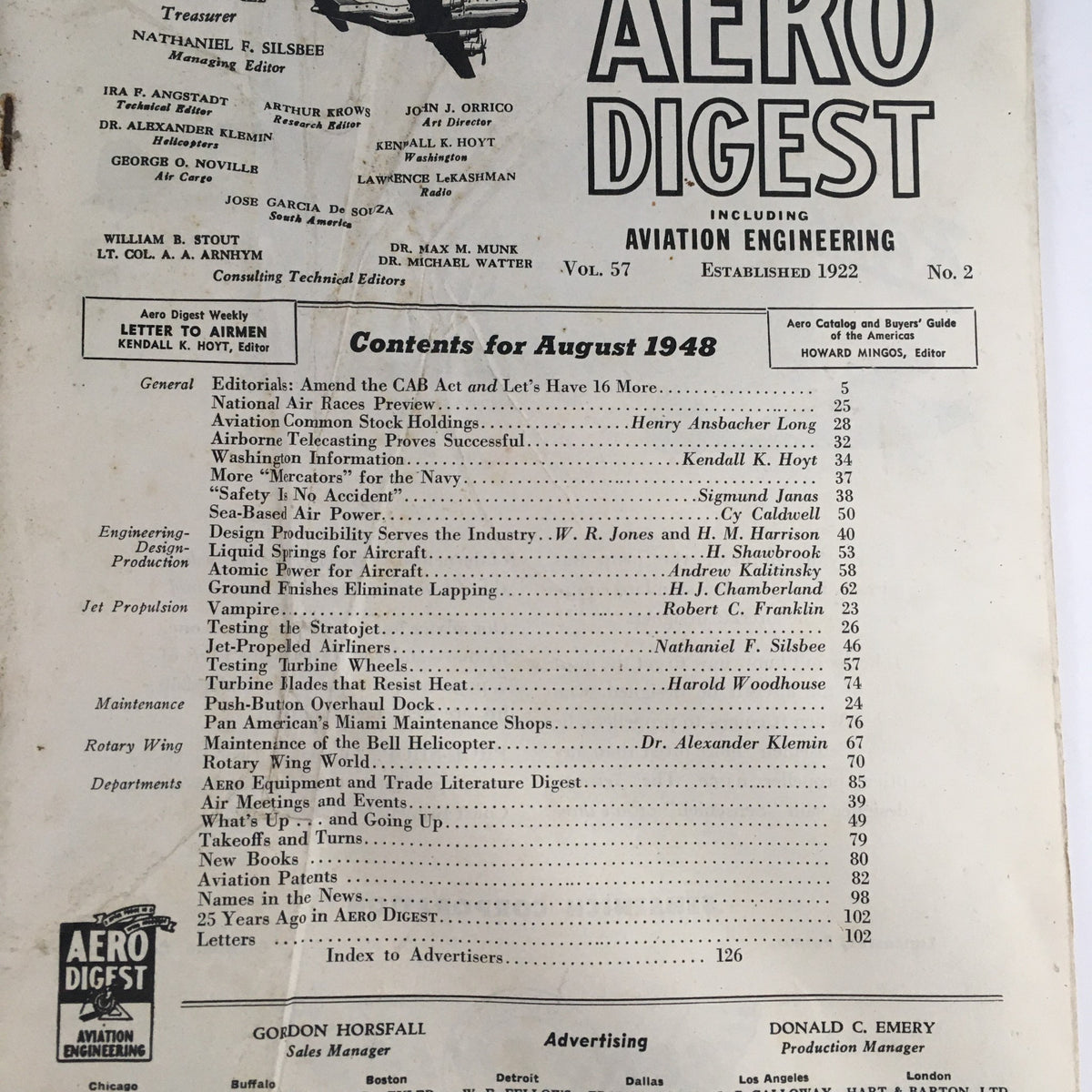 Interior page of Aero Digest August 1948, listing contents including articles on aviation engineering and advancements in military aviation.