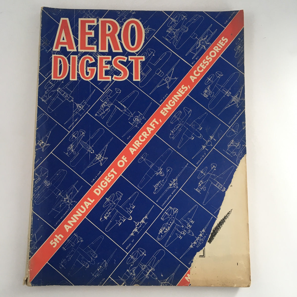 Cover of Aero Digest Magazine March 1939, featuring aircraft designs and the title 'Aero Digest' along with '5th Annual Digest of Aircraft, Engines, Accessories'.