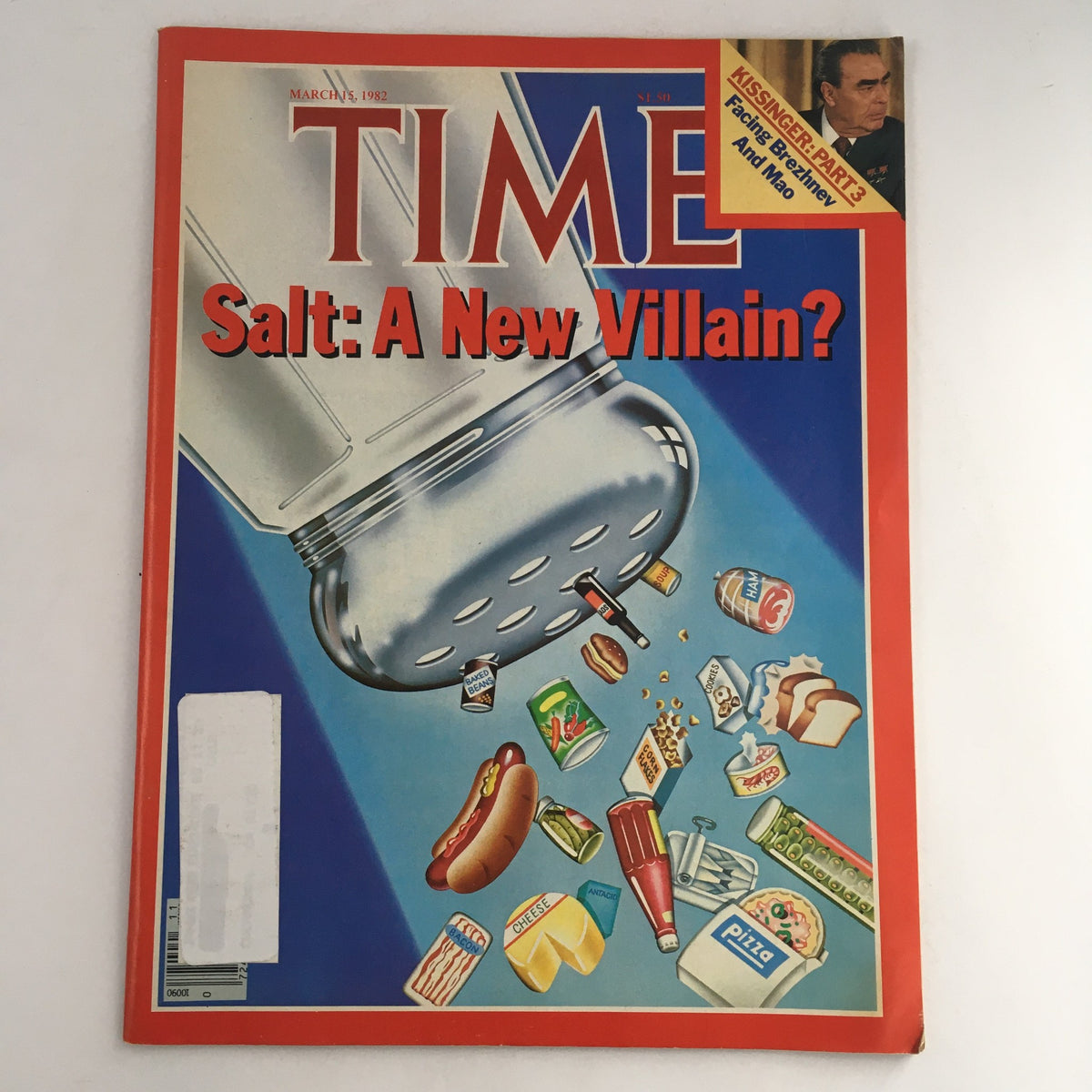 Cover of Time Magazine from March 15, 1982, featuring the headline 'Salt: A New Villain?' with images of various foods and condiments, and a mention of Henry Kissinger Part 3.