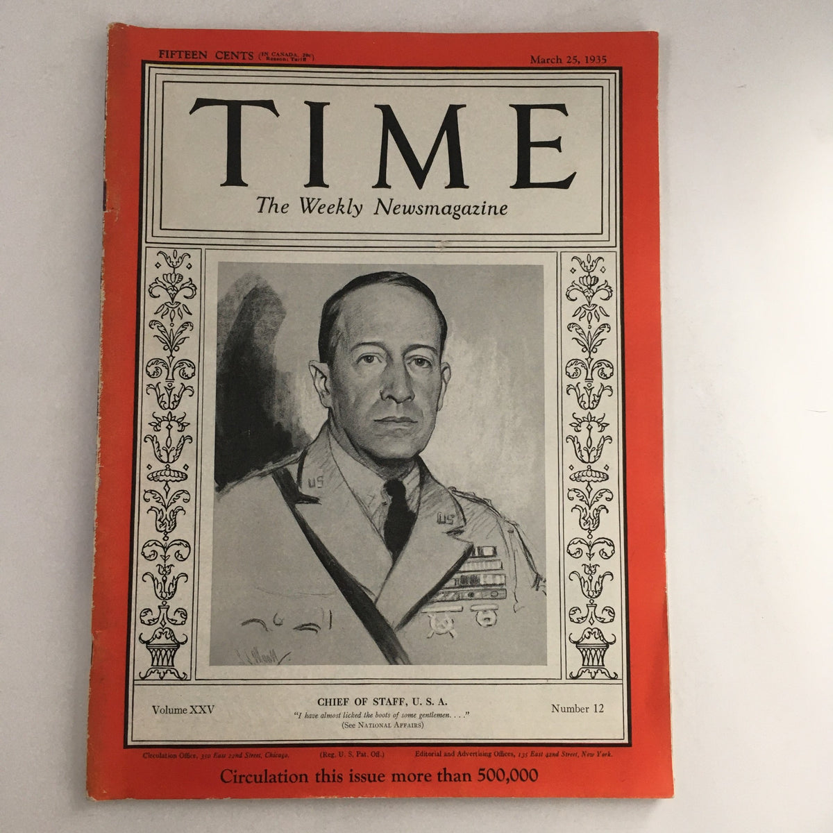 Cover of Time Magazine from March 25, 1935, Volume 25 Number 12 featuring Chief of Staff General Douglas MacArthur, highlighting American military history and culture.