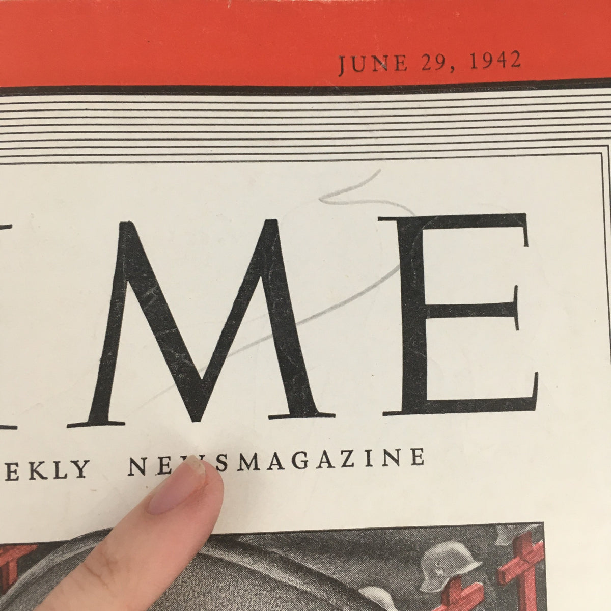 Close-up of the title header from Time Magazine dated June 29, 1942, illustrating the words 'TIME THE WEEKLY NEWSMAGAZINE' along with the issue date.