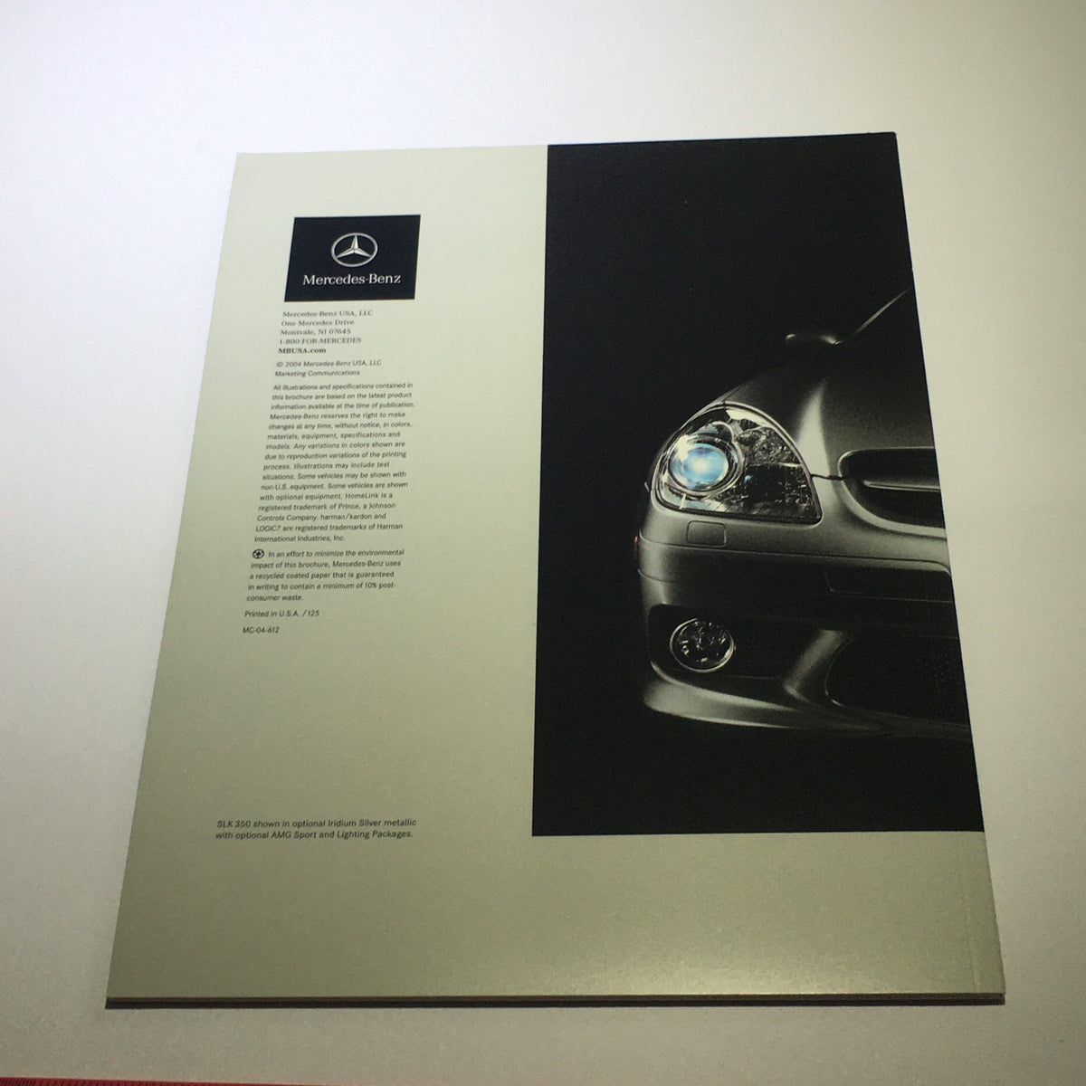 Back cover of the 2005 Mercedes-Benz SLK-Class 350 55 AMG brochure featuring details about the vehicle specifications.