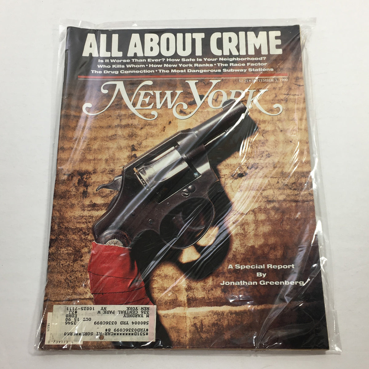 Cover of New York Magazine from September 3, 1990, titled 'All About Crime' featuring a revolver with a red tape on the barrel, highlighting a special report by Jonathan Greenberg.