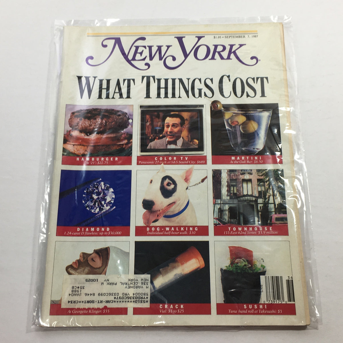 Cover of New York Magazine from September 7, 1987, titled 'What Things Cost: Hamburger, Color TV, Etc.' The cover features a collage of images depicting prices of various items including a hamburger, color TV, diamond, dog walking, townhouse, martini, crack, and sushi.