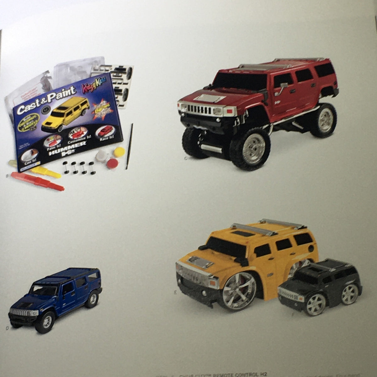 Inside page of the 2008 Hummer Apparel+Vehicle Accessories Dealership Car Auto Brochure Catalog showcasing various Hummer toy models and accessories, appealing to collectors and Hummer enthusiasts.