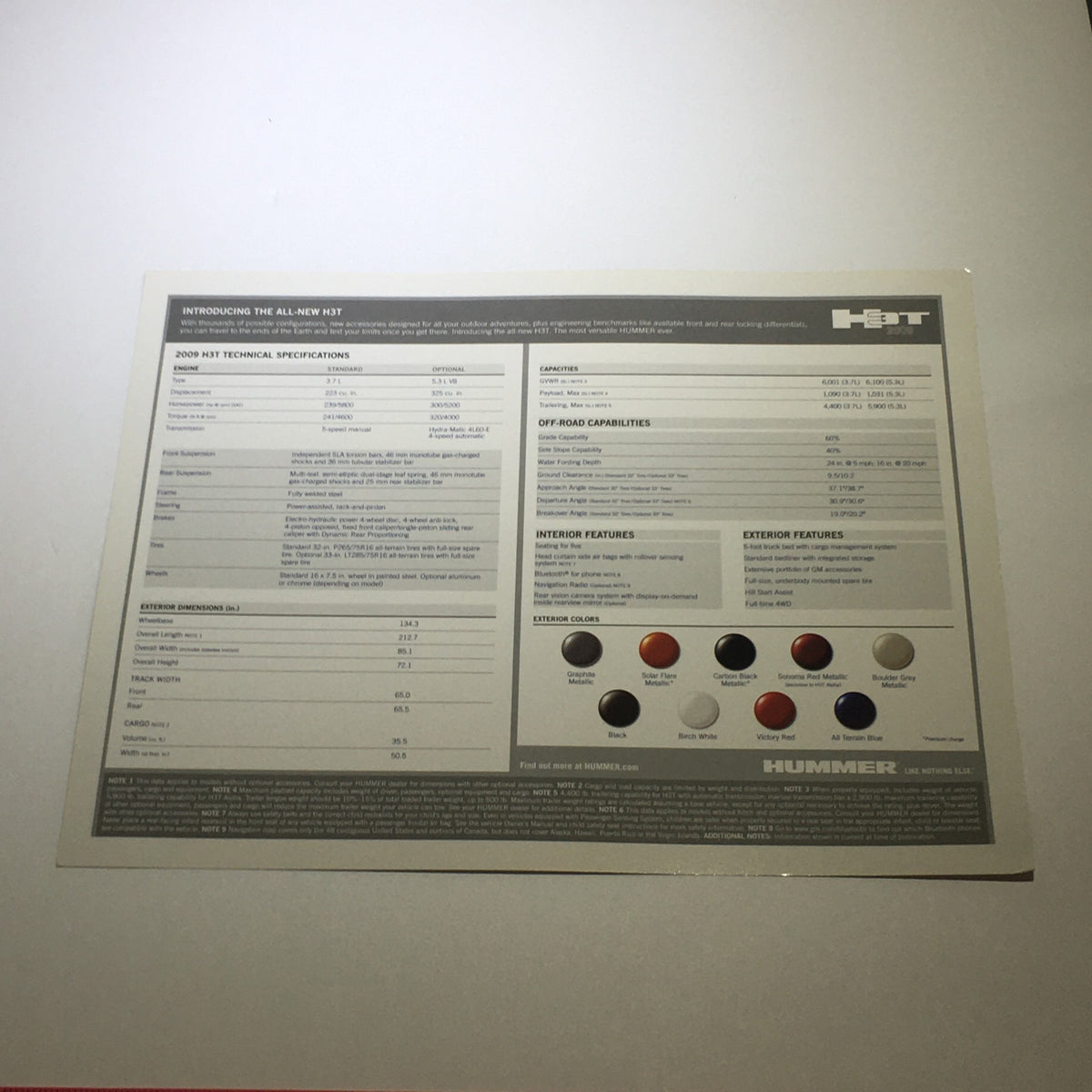 2009 Hummer H3T Exterior Color Chooser Dealership Car Auto Brochure Catalog technical specifications page detailing features, interior options, and color choices.