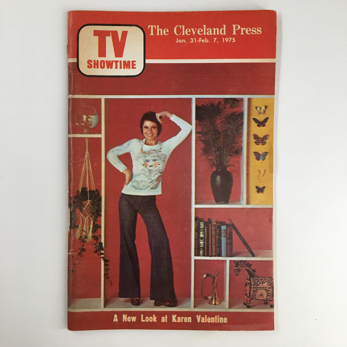 Cover of The Cleveland Press TV Showtime Guide dated January 31 - February 7, 1975 featuring Karen Valentine, showcasing a fashion look with a colorful background and decorative elements.
