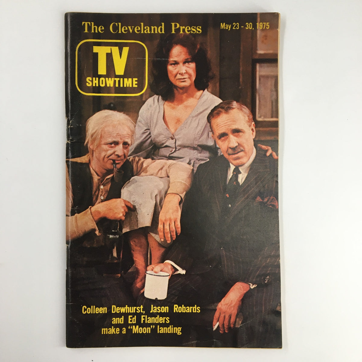 Cleveland Press TV Showtime Guide from May 23, 1975 featuring Colleen Dewhurst, Jason Robards, and Ed Flanders. Vintage magazine cover showcasing classic television personalities.