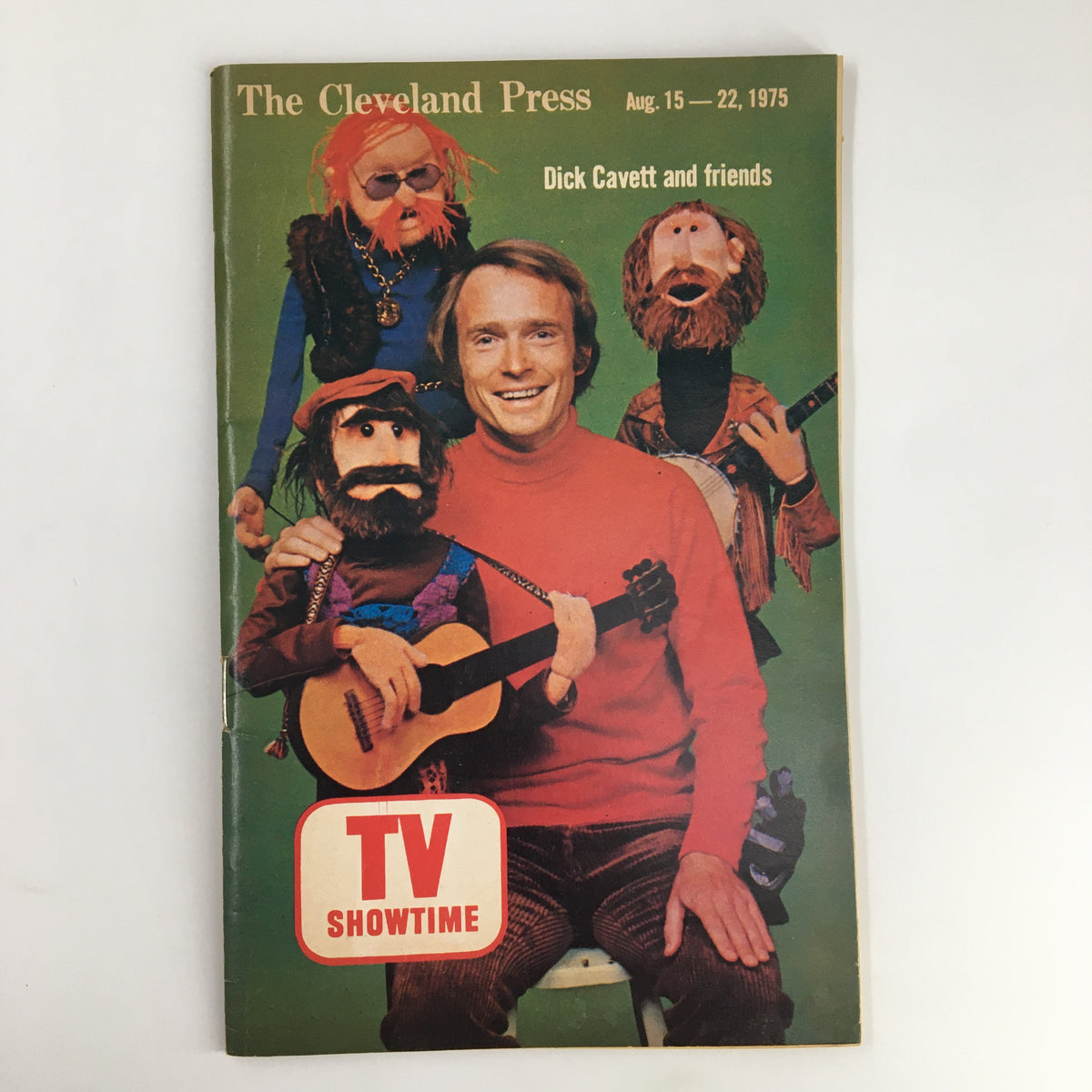 Cover of The Cleveland Press TV Showtime Guide dated August 15, 1975, featuring host Dick Cavett surrounded by puppet characters, showcasing vintage television entertainment history.