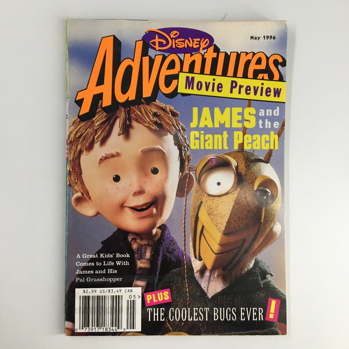 Disney Adventures Magazine May 1996 featuring James and the Giant Peach on the cover, showcasing animated characters and a vintage design that reflects children's literature from the 1990s.