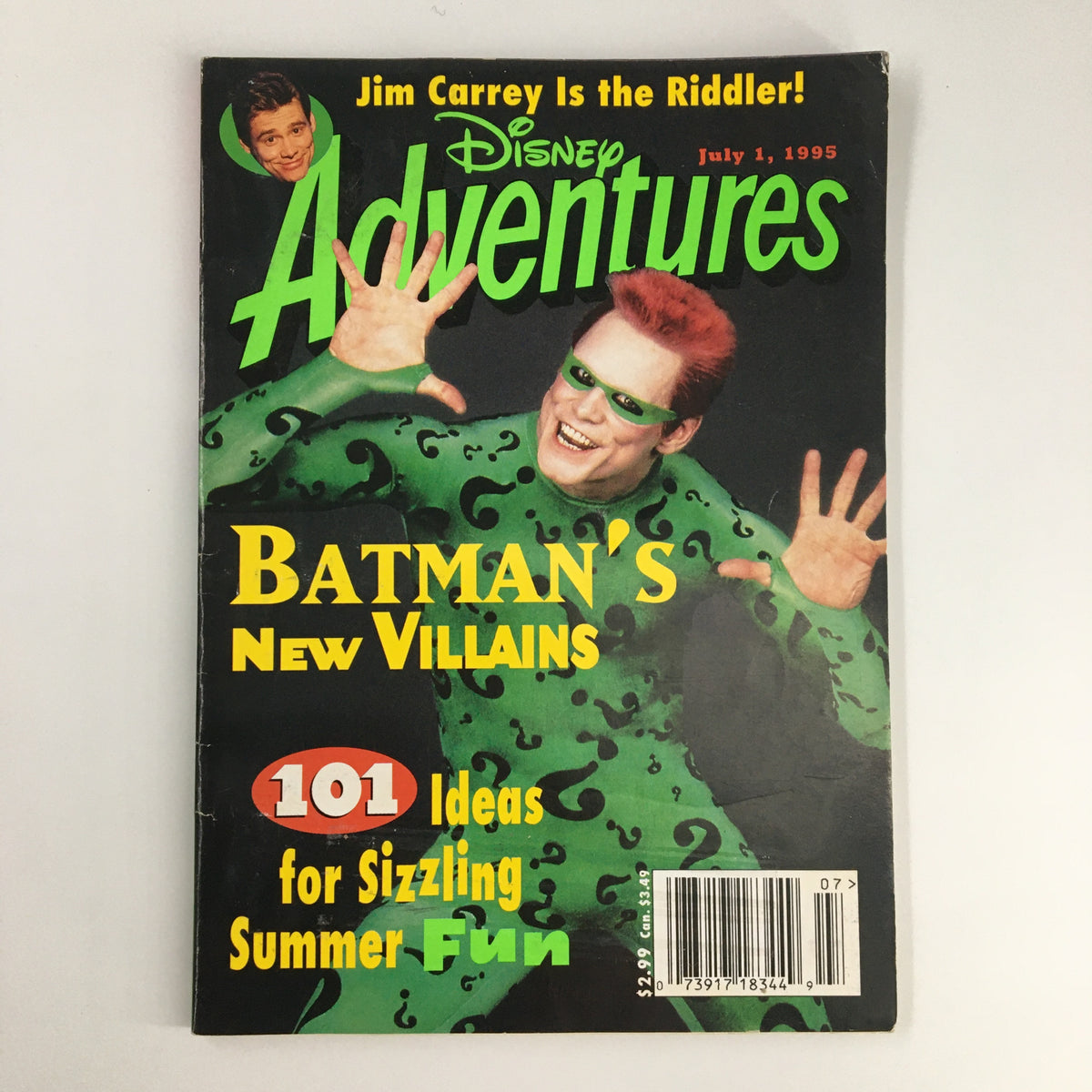 Cover of Disney Adventures Magazine from July 1, 1995 featuring Jim Carrey as the Riddler with bold text highlighting 'Batman's New Villains' and '101 Ideas for Sizzling Summer Fun'.