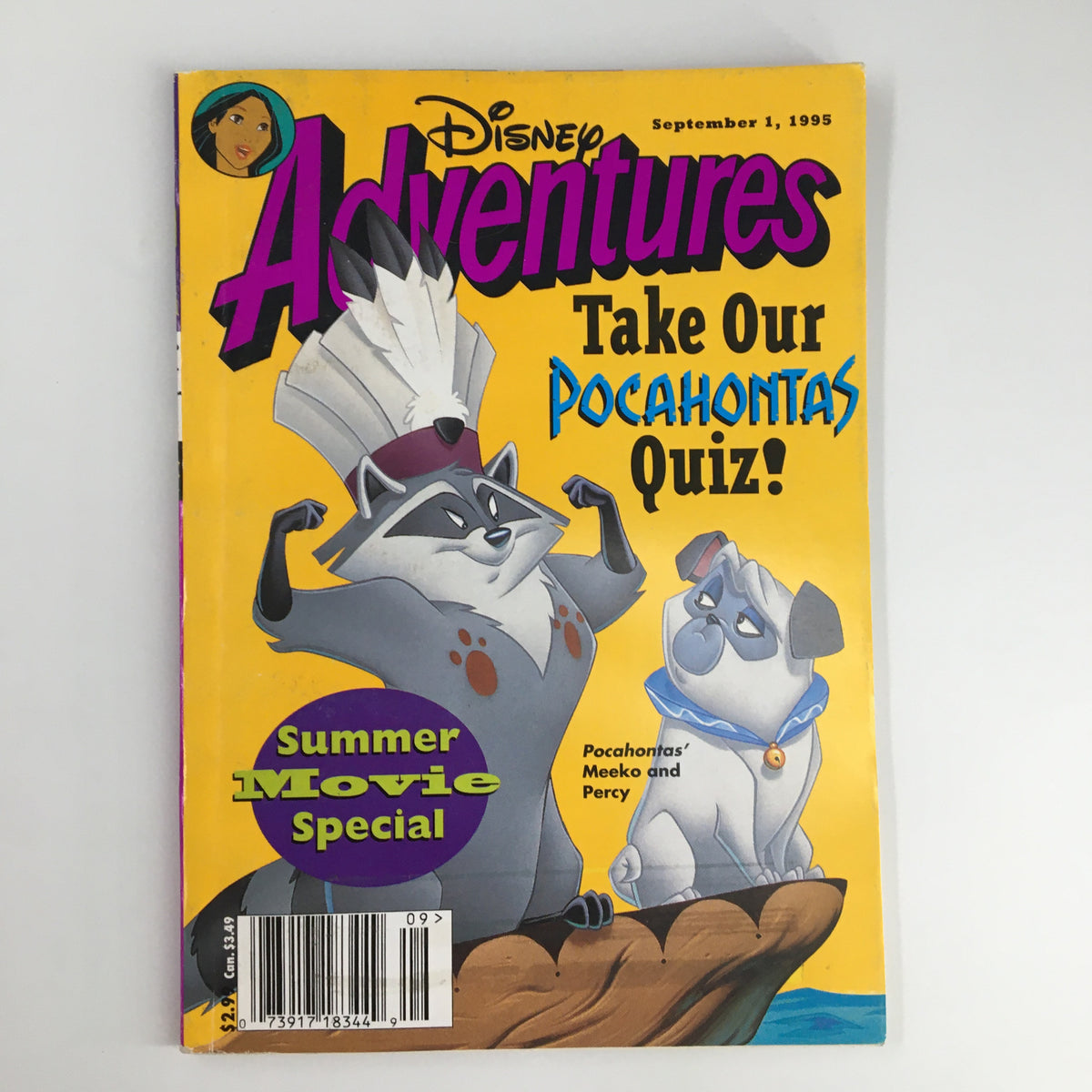 Cover of Disney Adventures Magazine September 1, 1995 featuring Pocahontas' Meeko and Percy, highlighting a Pocahontas quiz and summer movie special.