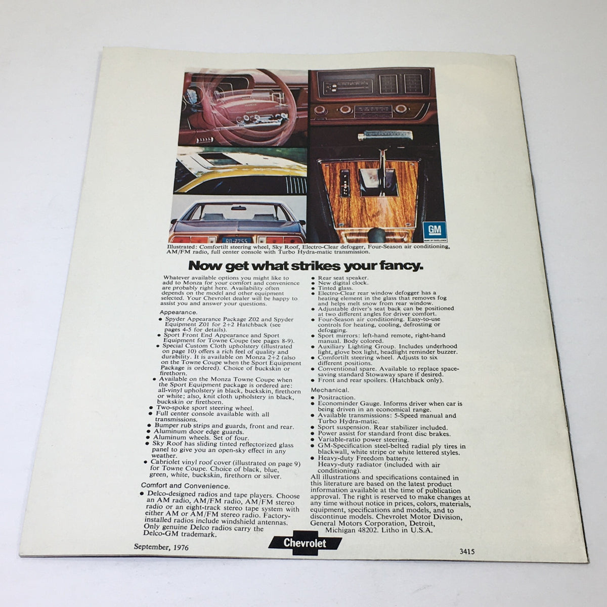 September 1976 Chevrolet Monza Dealership brochure interior page showcasing features and specifications of the Monza.
