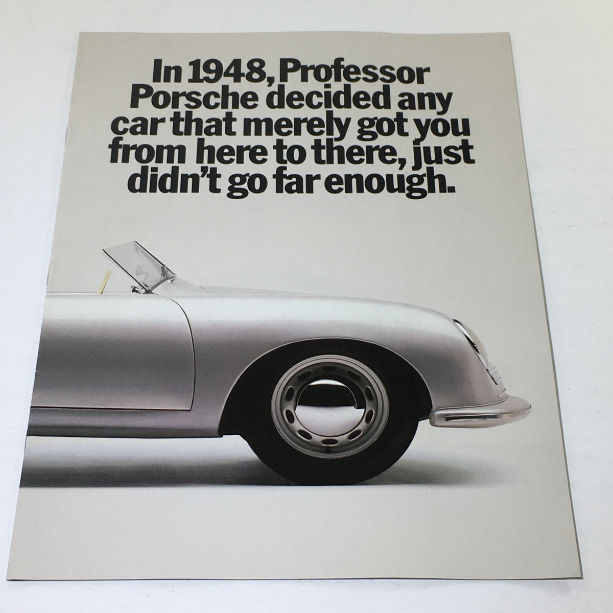 Cover of the 1985 Porsche 911 Carrera & 356-001 Dealership Car Auto Brochure Catalog featuring a vintage Porsche car with a caption discussing Professor Porsche's vision for automotive excellence.