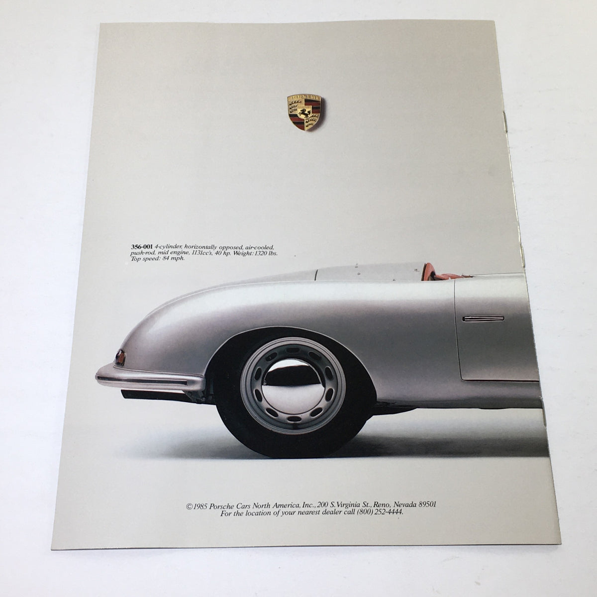 Back cover of the 1985 Porsche 911 Carrera & 356-001 Dealership Car Auto Brochure Catalog displaying the Porsche 356-001 car specifications, including engine details and maximum speed.