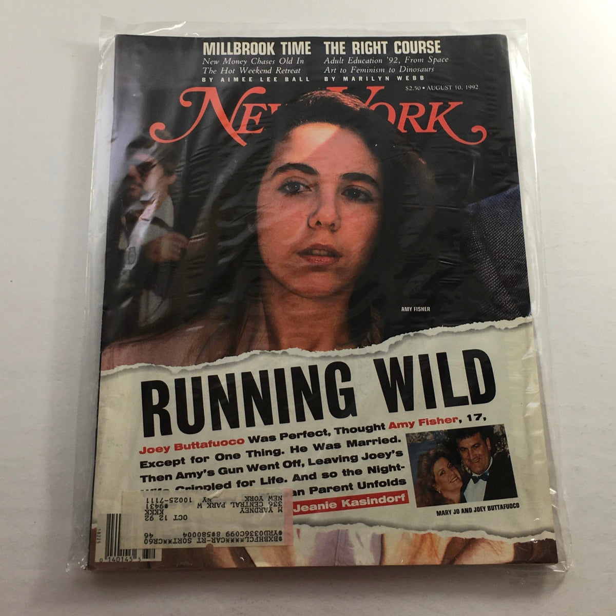 Cover of New York Magazine, August 10, 1992, featuring Joey Buttafouco and Amy Fisher with the headline 'Running Wild.' This vintage magazine captures the sensational story of the infamous couple and highlights the media frenzy surrounding their relationship.