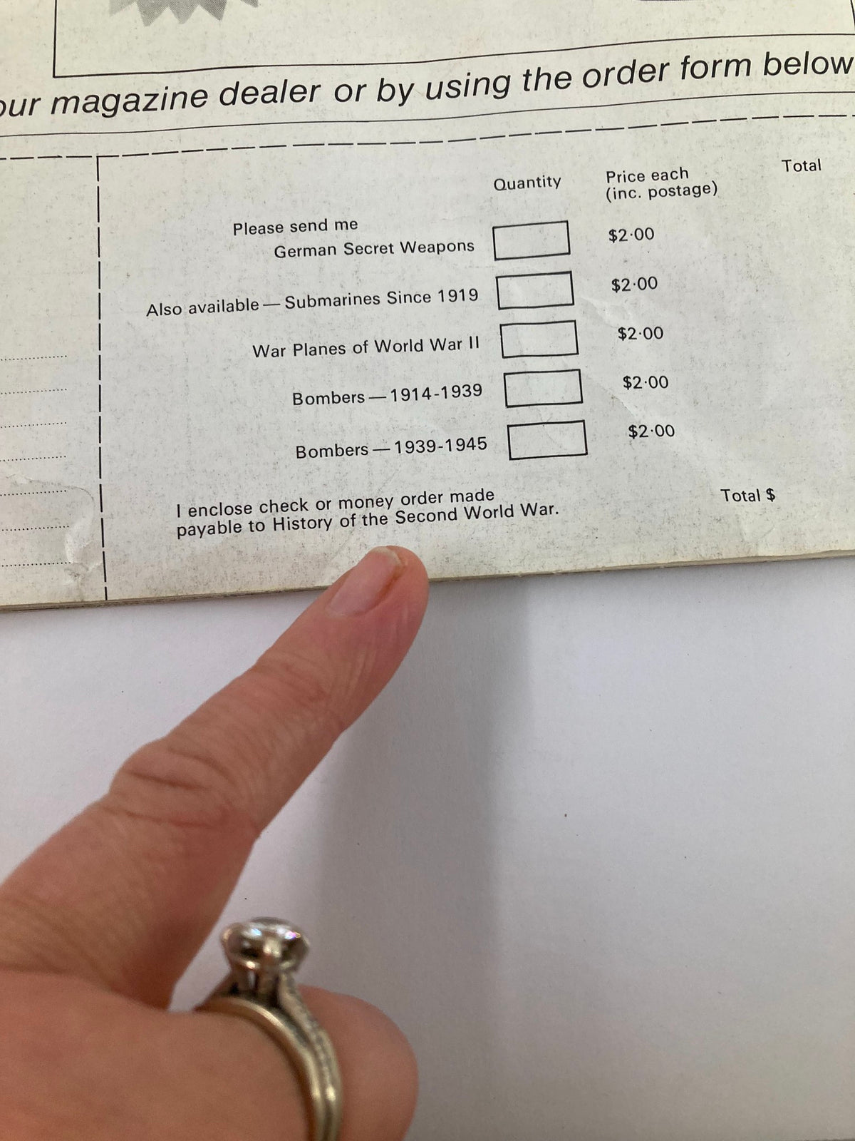 Order form page from 'History of the Second World War Part 102: The Propaganda War', listing available topics for purchase such as 'German Secret Weapons' and 'War Planes of World War II'.