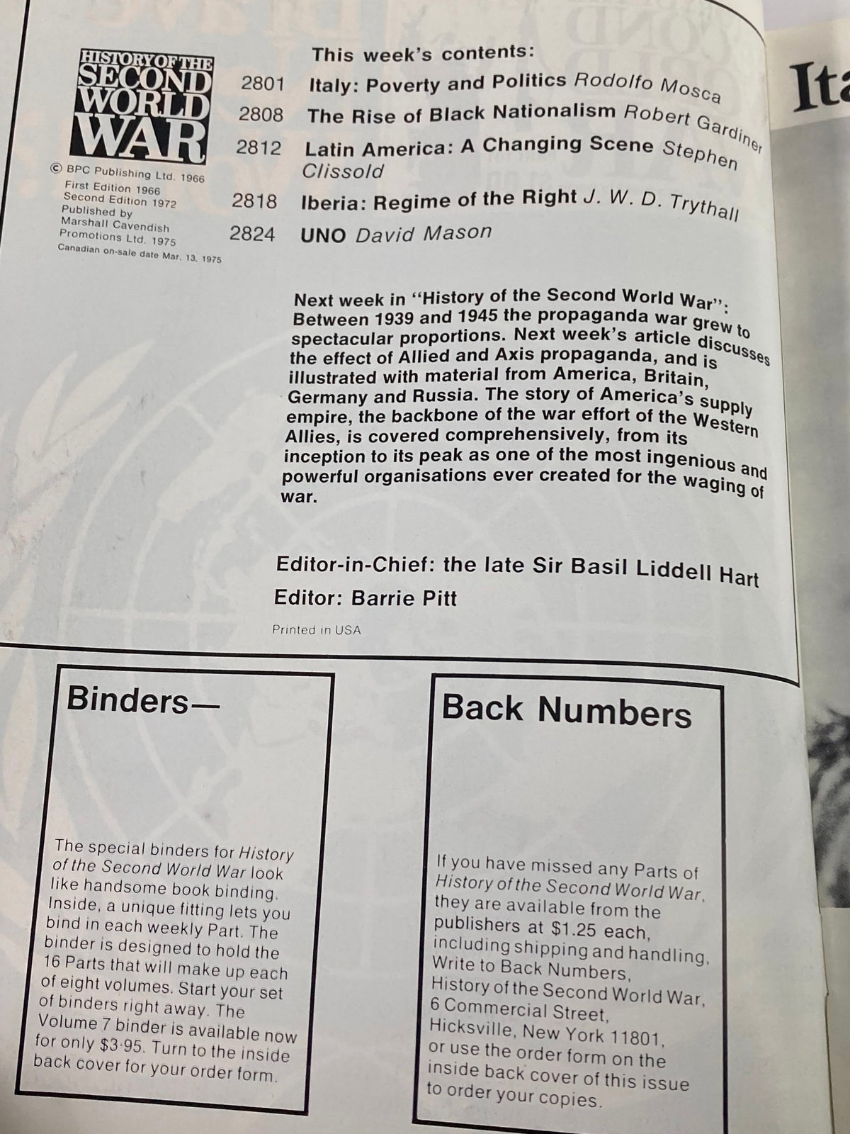 Interior page from VTG History of the Second World War Part 101 1975, detailing contents including articles on Italy, Black Nationalism, Latin America, and the role of the UNO, with editor comments.