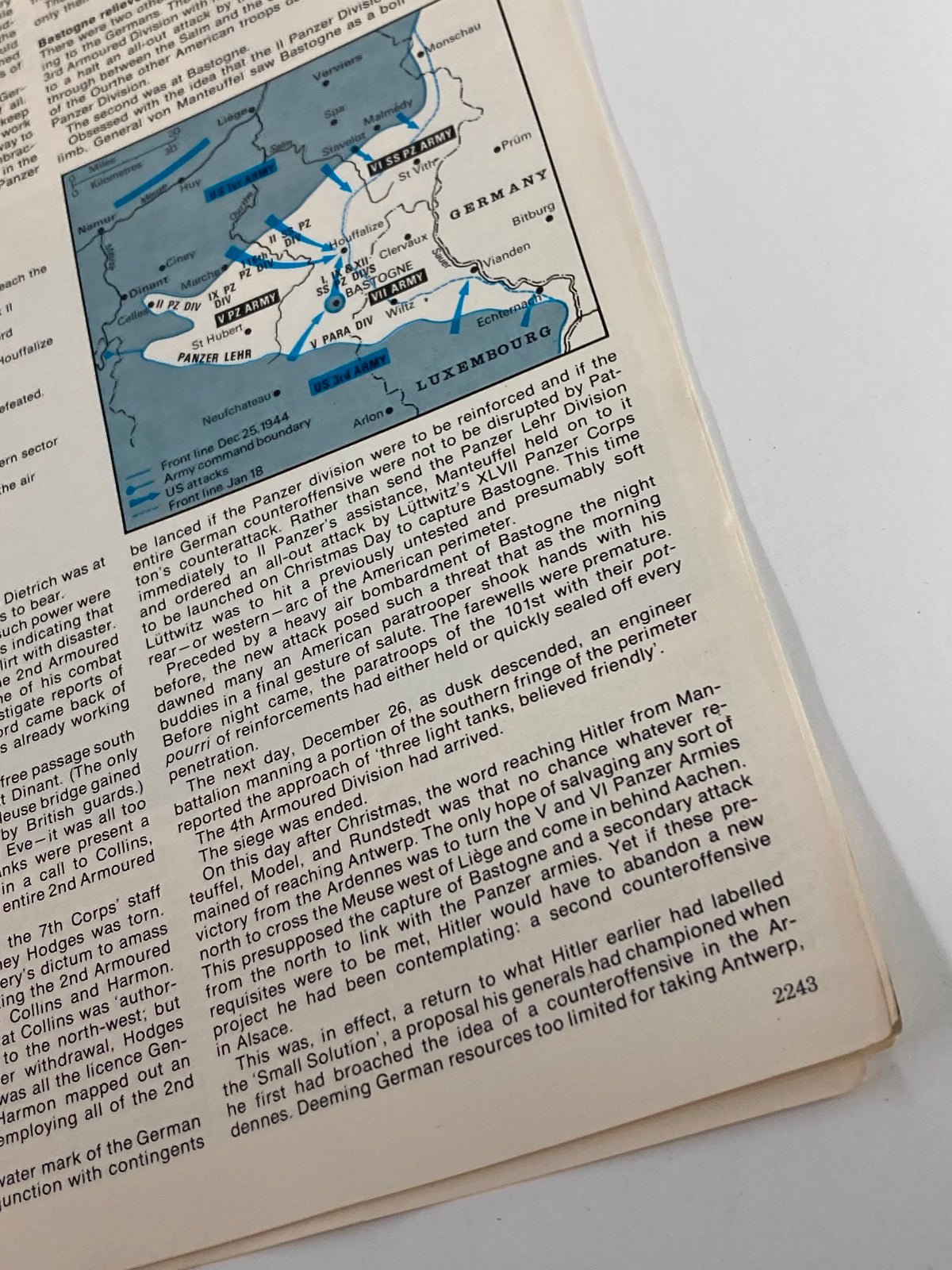Map and article excerpt from 'History of the Second World War Part 81 1974 The Allies Hit Back No Label', illustrating troop movements during the Battle of the Bulge.