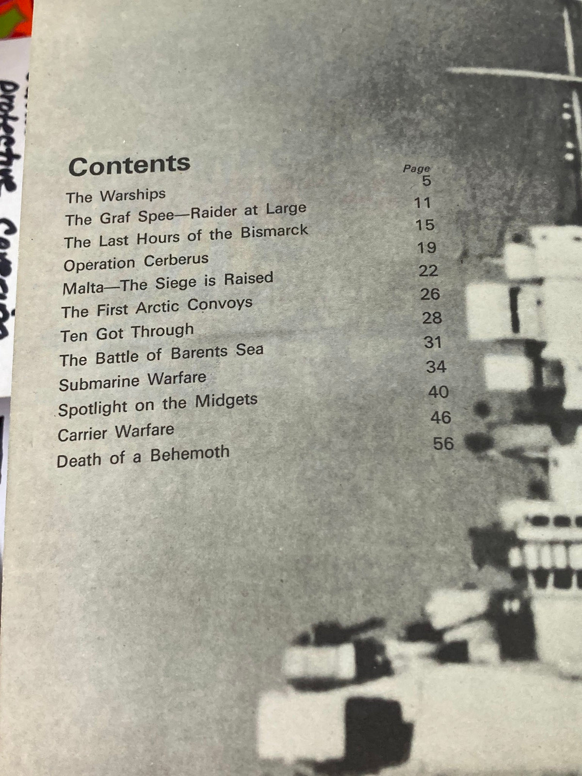 Contents page from 'VTG History of the Second World War 1974 Warships of the Second World War' detailing articles about the Graf Spee, Bismarck, and submarine warfare.
