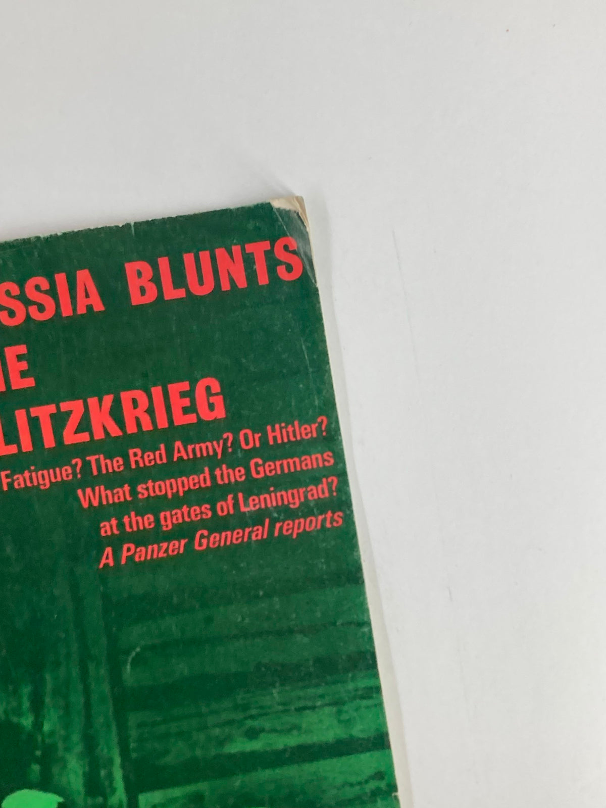 Close-up of the magazine title 'Russia Blunts The Blitzkrieg' from the vintage magazine 'History of the Second World War, Part 23' highlighting the significance of the content.