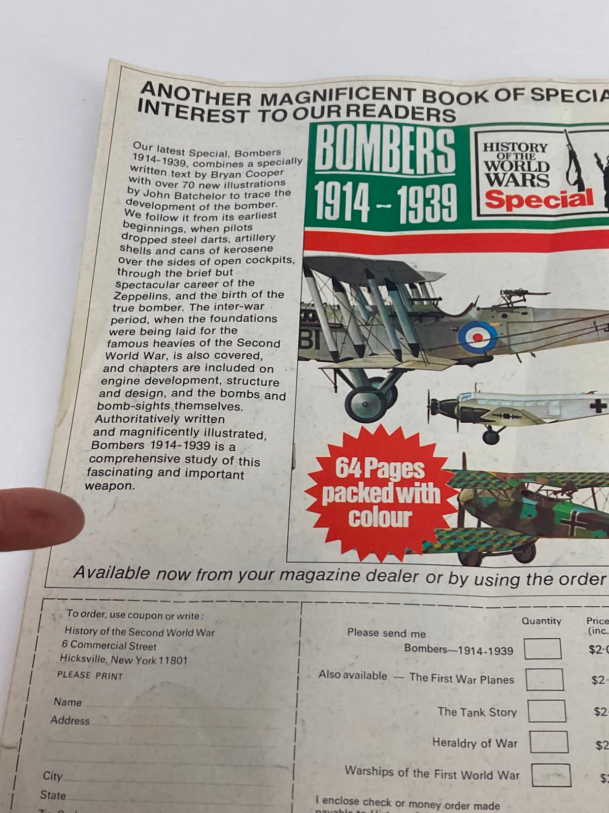 Back cover of a vintage magazine advertisement for 'Bombers 1914-1939' special issue featured in 'History of the Second World War Part 57', illustrating the evolution of bomber aircraft.