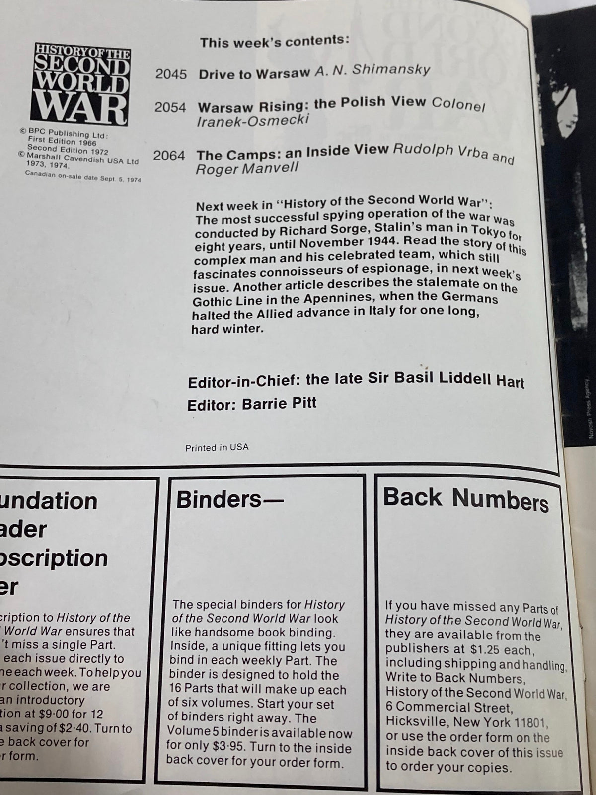 Contents page of the vintage magazine 'VTG History of the Second World War Part 74 1974 The Camps an Inside View', highlighting articles on 'Drive to Warsaw', 'Warsaw Rising', and 'The Camps: an Inside View' along with subscription information and branding details.