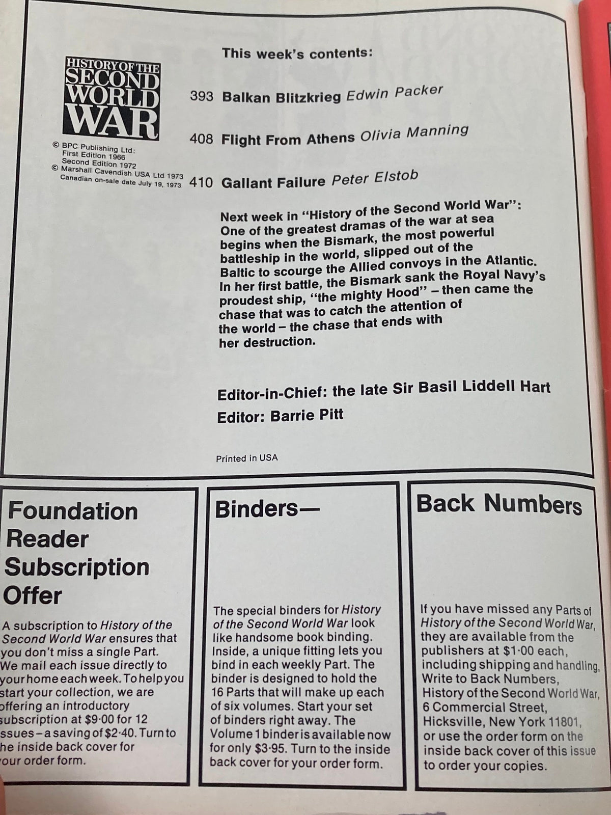 Inside page of VTG History of the Second World War Part 15 magazine, showcasing the contents including articles on Balkan Blitzkrieg, Flight From Athens, and Gallant Failure, with editorial details.
