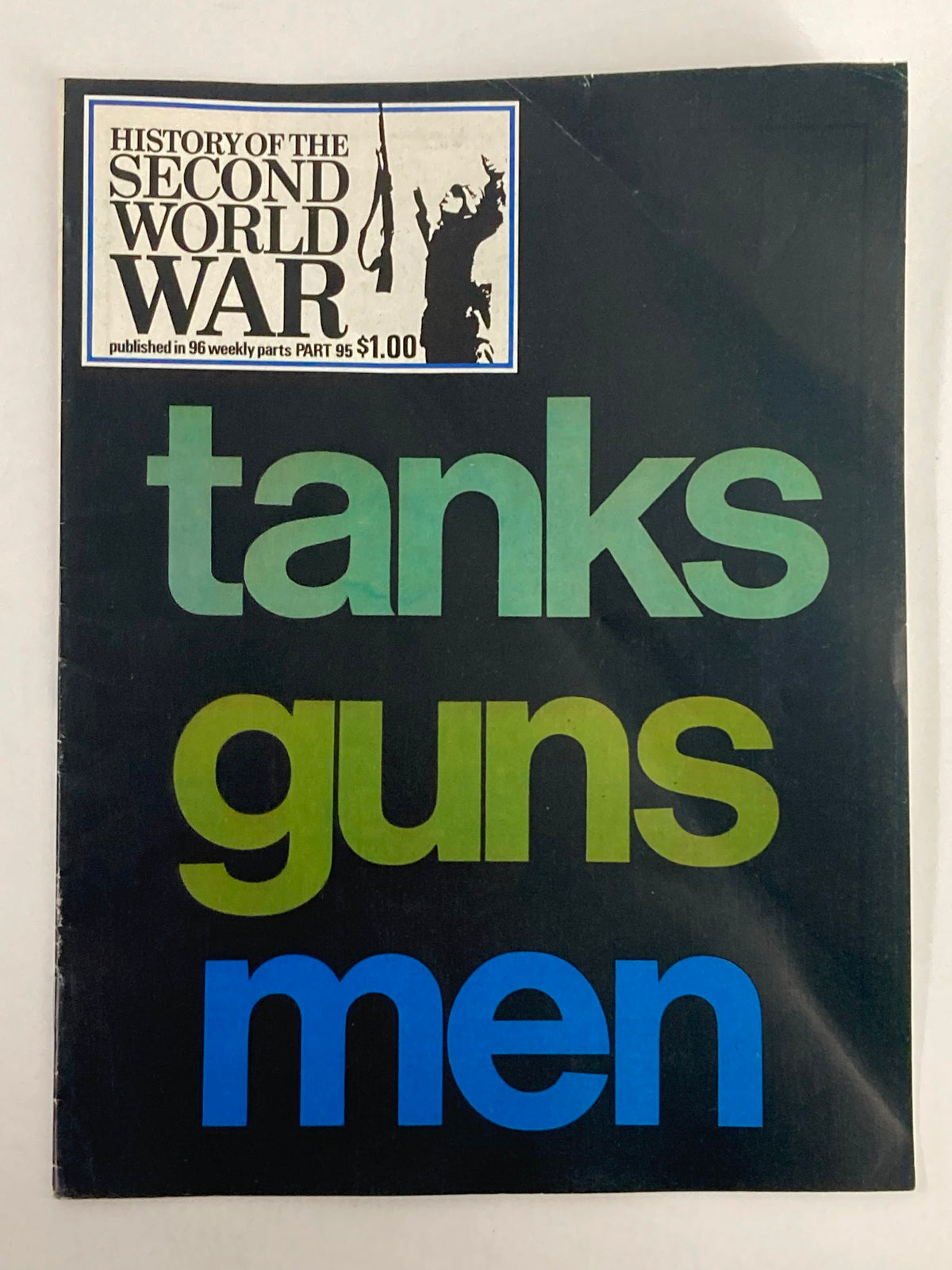 Cover of VTG History of the Second World War Part 95, 1975 edition titled 'The Tanks, Guns & Men', featuring bold typography in green and blue against a black background with a military illustration.