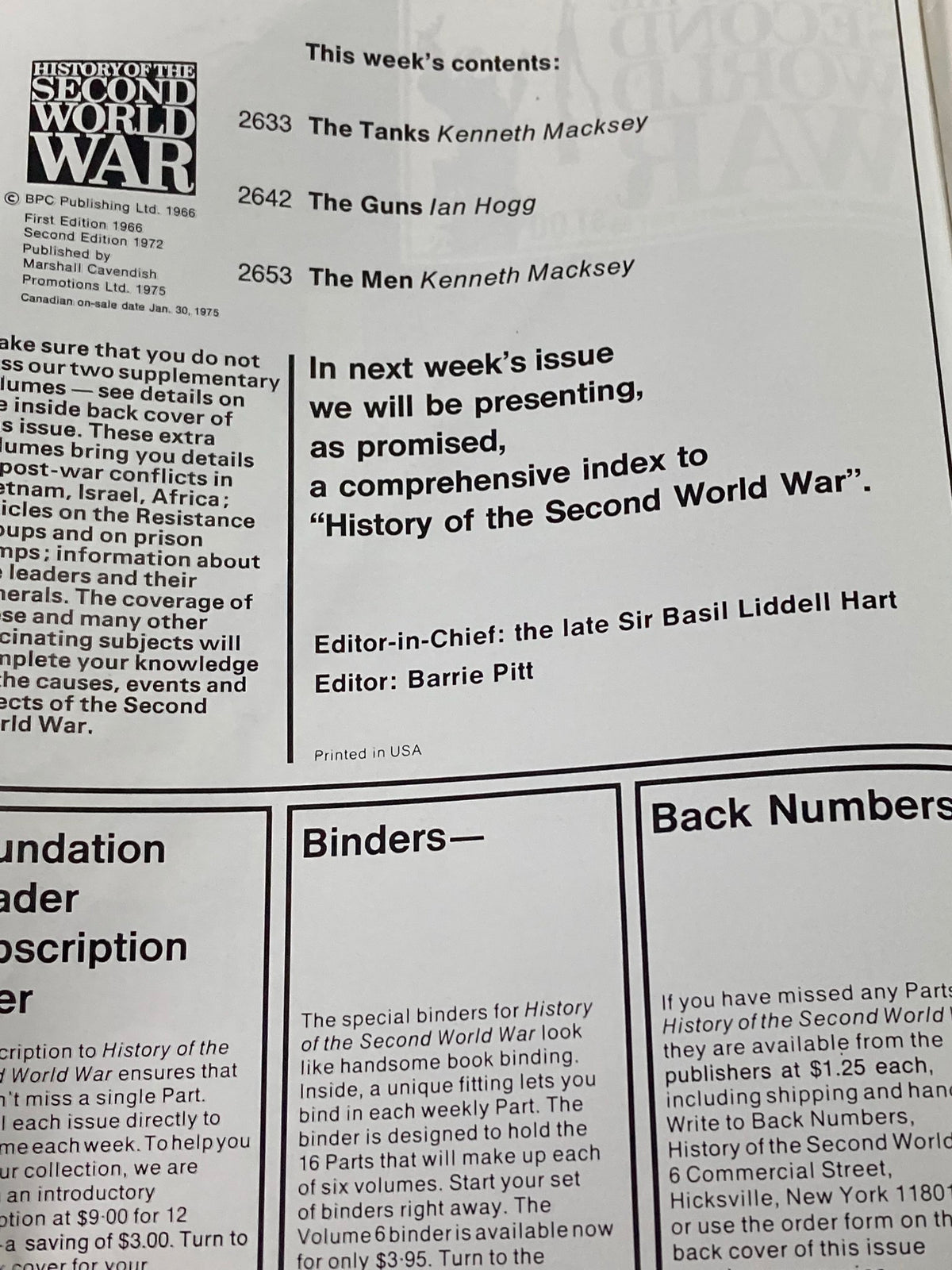 Contents page of VTG History of the Second World War Part 95 from 1975, featuring topics on tanks, guns, and men, by Kenneth Macksey and Ian Hogg, with editorial information and subscription details.