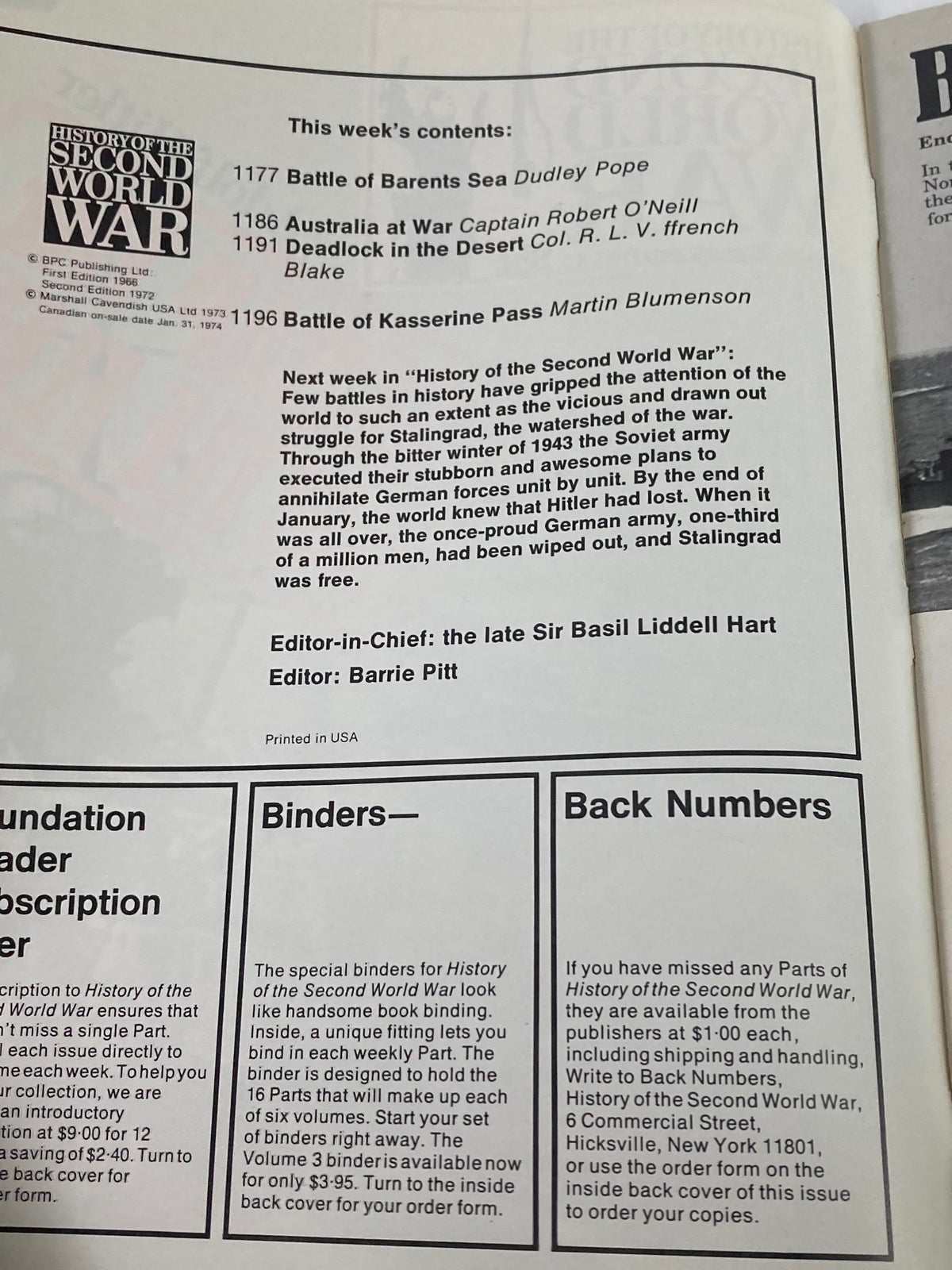 Contents page from the 1974 vintage magazine 'History of the Second World War Part 43: Adolf Hitler Scrap the Fleet,' listing articles including the Battle of Barents Sea and Australia at War.