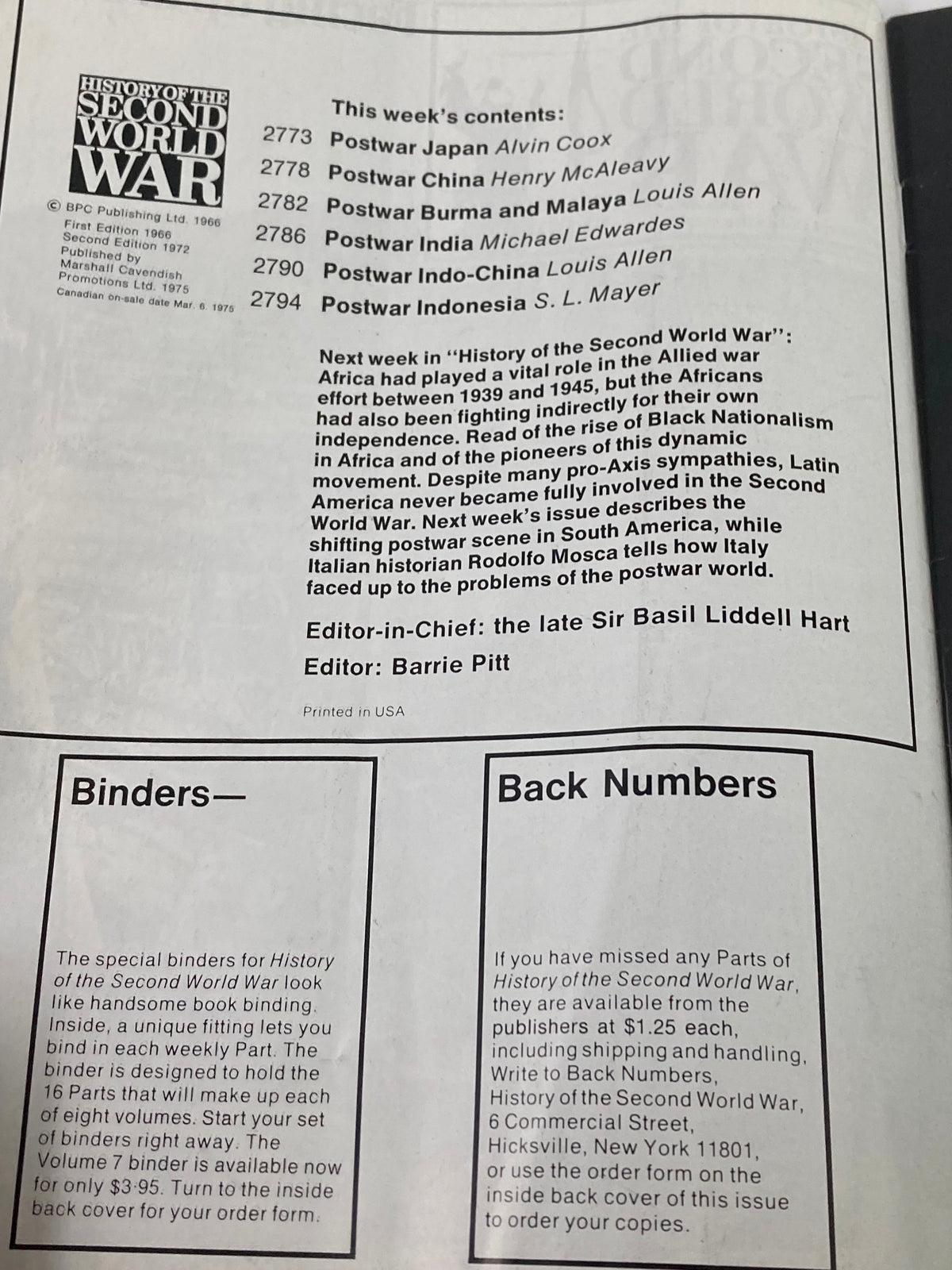Interior page of 'VTG History of the Second World War Part 100 1975' listing contents such as Postwar Japan and China, and information about binders for the series.